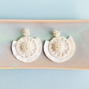 White Woven Tassel Earrings with Beaded Detailing